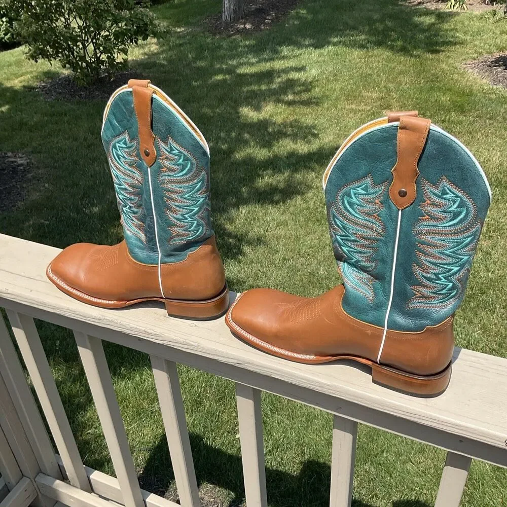 Alfa Western Wear Men's Cowboy Boots Square Toe Blue Green Leather Sz 12‎ Mexico